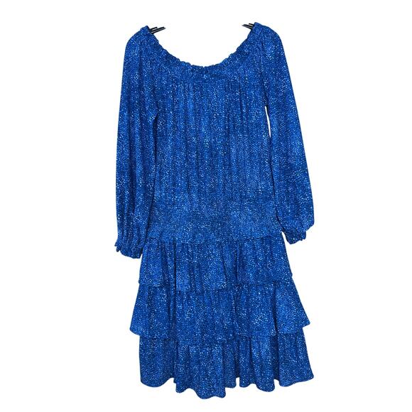 NWT Michael Kors On Off Shoulder Ruffle Dress Mosaic Blue M Cottagecore Tiered - Picture 1 of 8